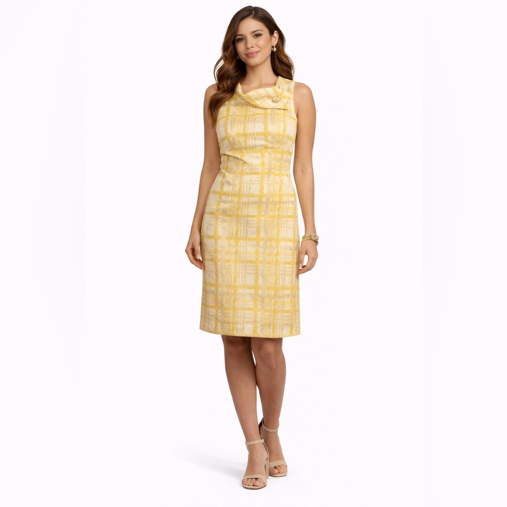Tahari Yellow and White Cowl Neck Sheath Midi Dress